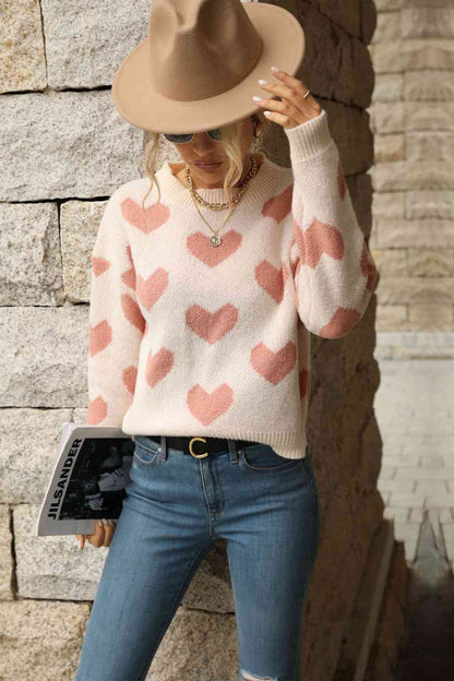 Heart Pattern Dropped Shoulder Sweater | AdoreStarr