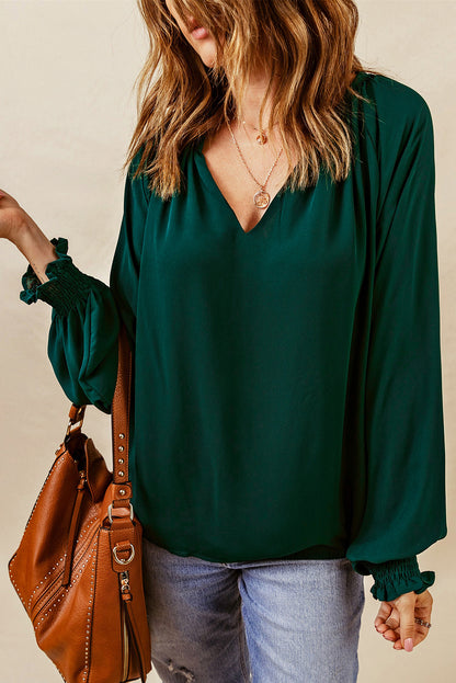 Notched Neck Lantern Sleeve Blouse | AdoreStarr