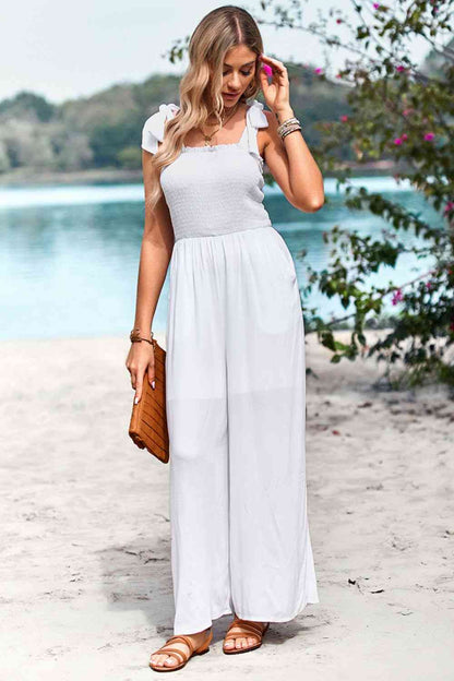 Frill Trim Tie Shoulder Wide Leg Jumpsuit