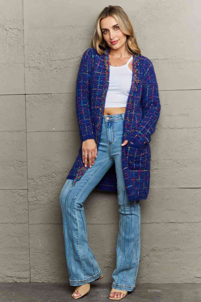 Plaid Fringe Trim Open Front Longline Cardigan | AdoreStarr