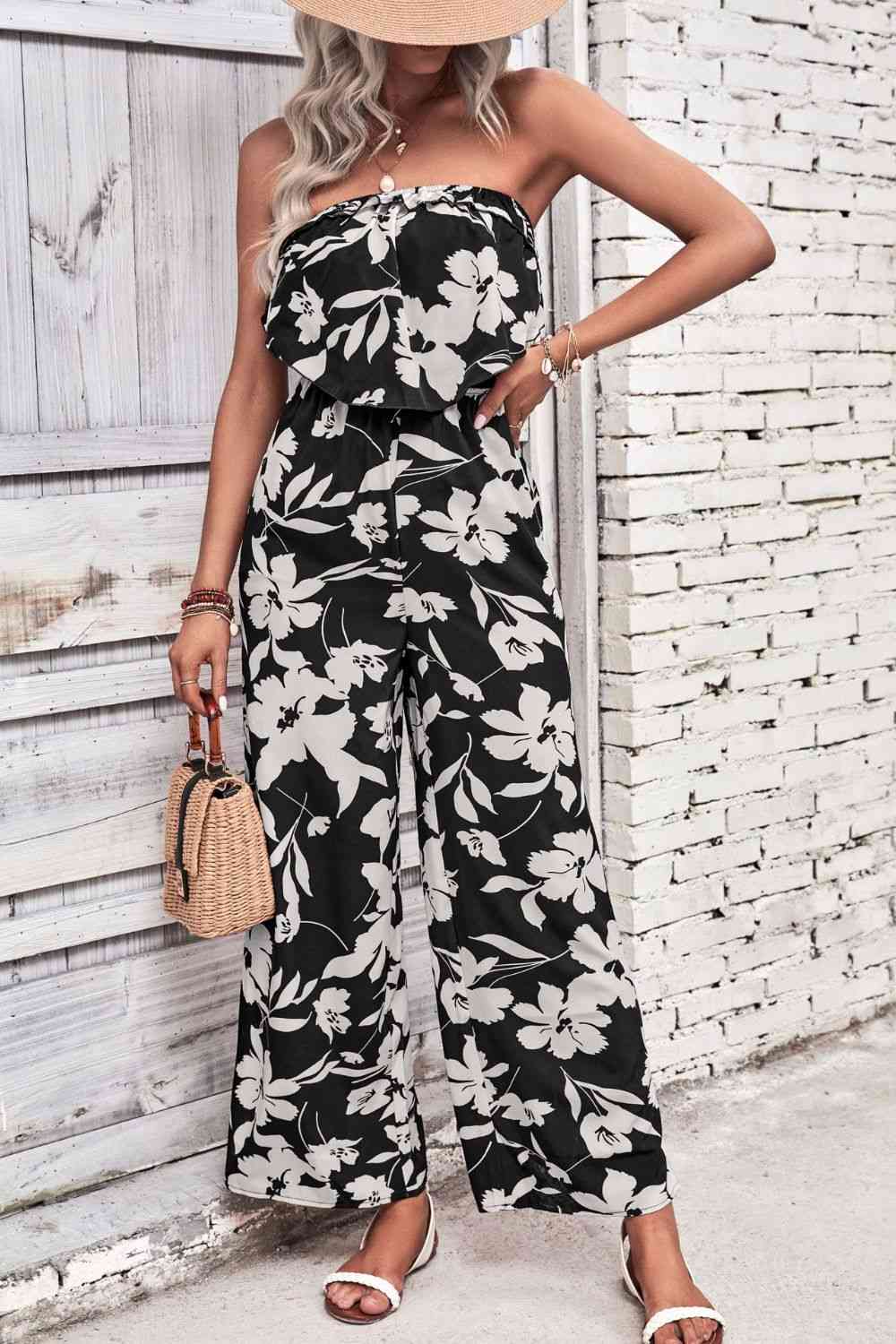 Floral Strapless Wide Leg Jumpsuit - Black