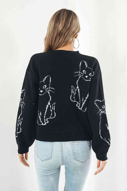 Cat Pattern Round Neck Pullover Sweater | AdoreStarr