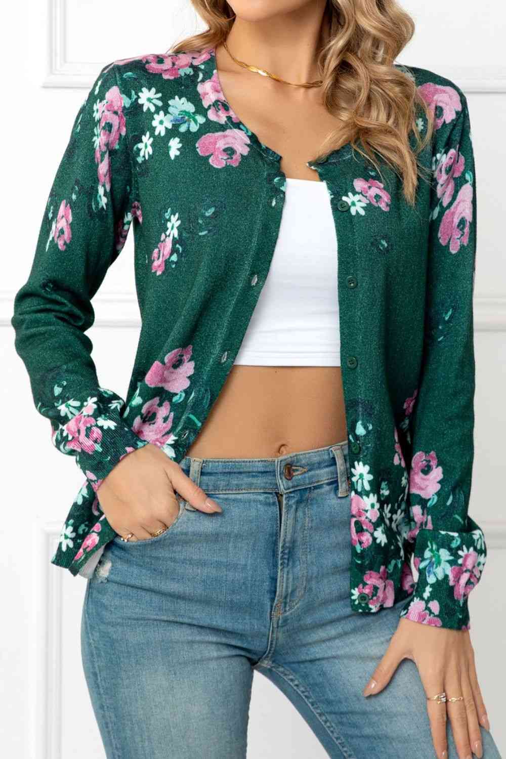 Floral Button Front Round Neck Cardigan | AdoreStarr