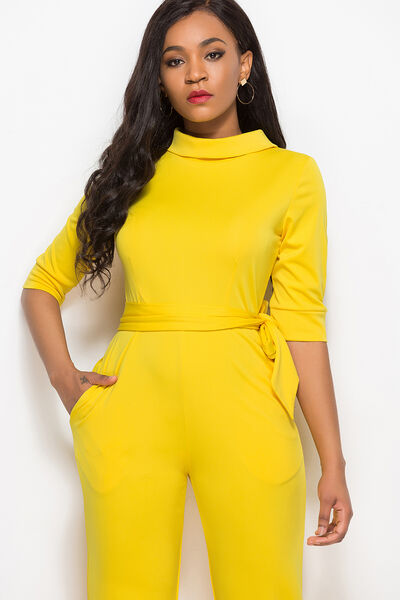 Mock Neck Tie-Waist Half Sleeve Jumpsuit | AdoreStarr