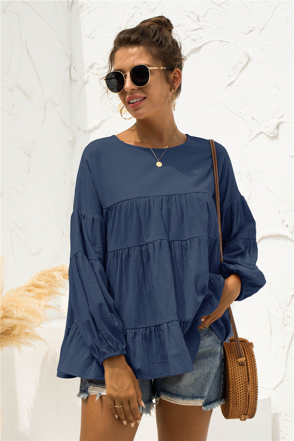 Round Neck Bubble Sleeve Tiered Blouse | AdoreStarr