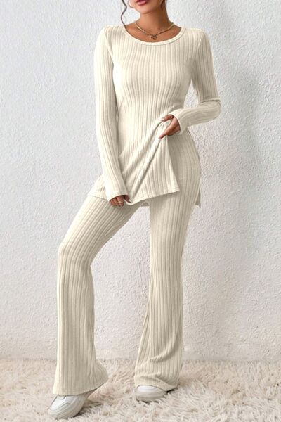 Ribbed Long Sleeve Slit Top and Bootcut Pants Set - Cream