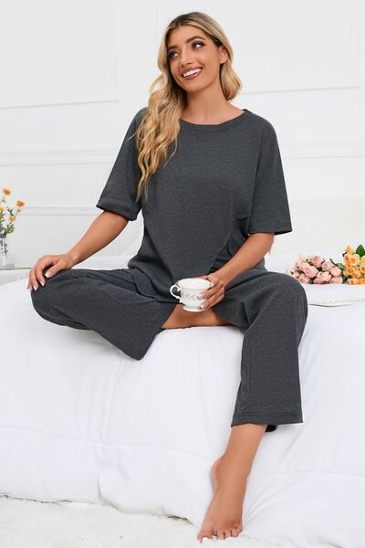 Slit Round Neck Top and Pants Lounge Set | AdoreStarr