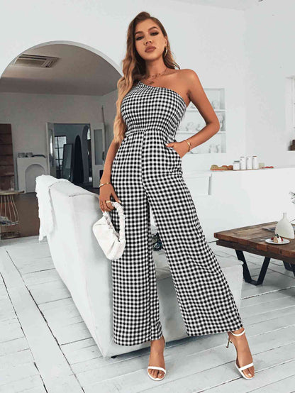 Plaid One-Shoulder Wide Leg Jumpsuit | AdoreStarr