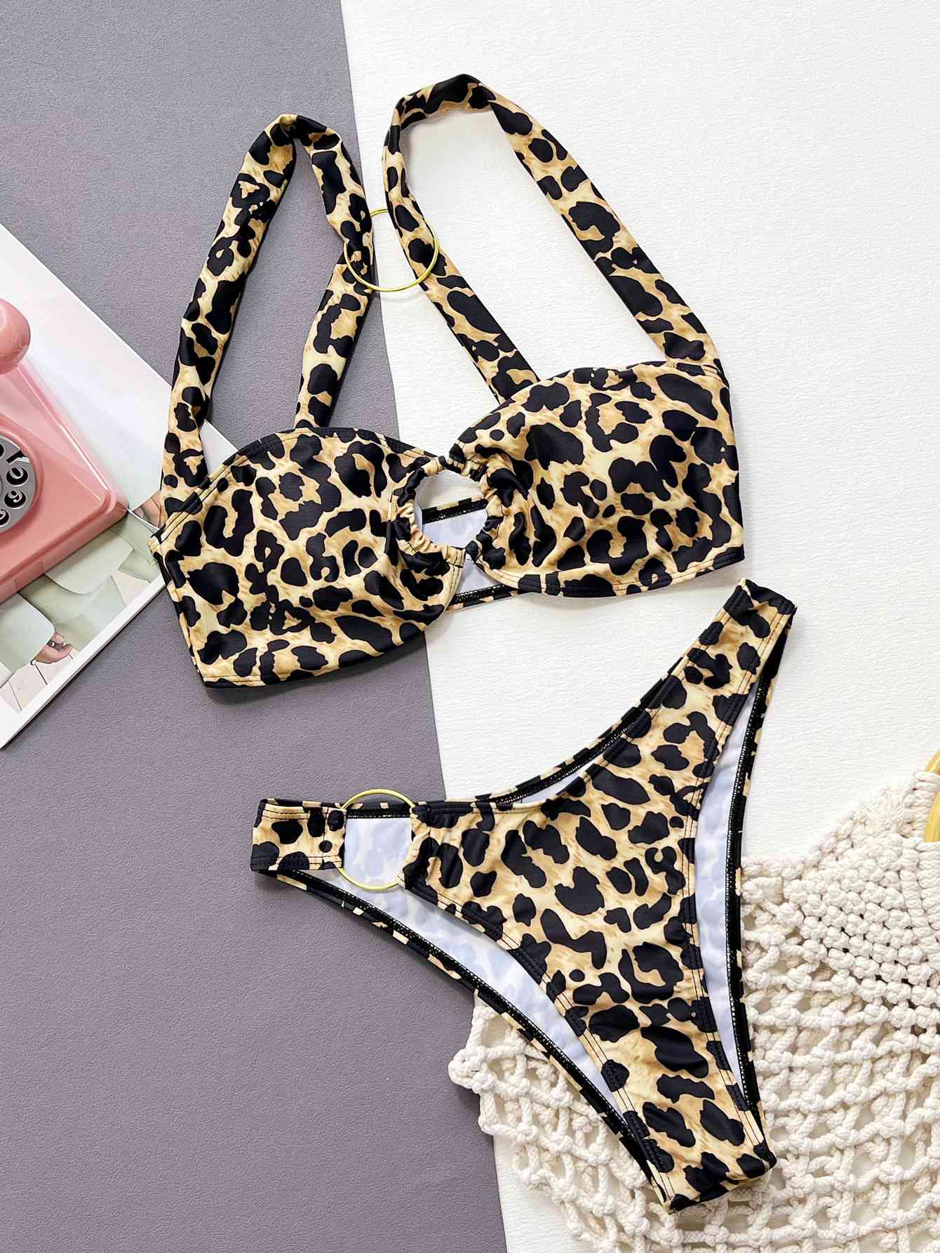 Leopard Ring Detail Bikini Set - Brown