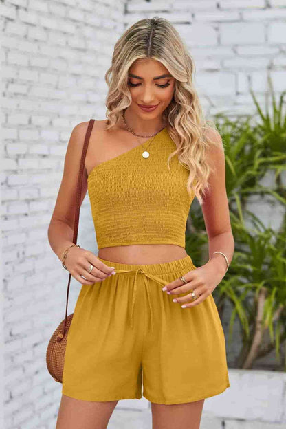 One-Shoulder Sleeveless Top and Shorts Set | AdoreStarr