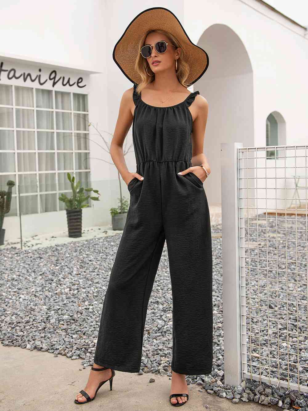 Round Neck Sleeveless Jumpsuit with Pockets | AdoreStarr