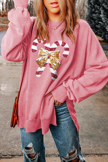 Sequin Candy Cane Slit Sweatshirt | AdoreStarr