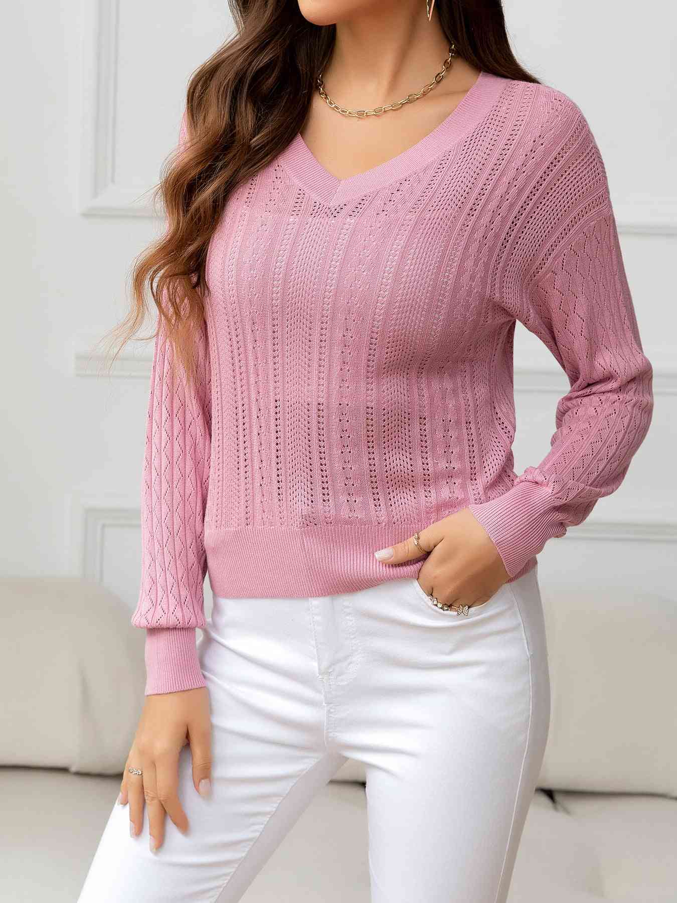 V-Neck Long Sleeve Eyelet Knit Top | AdoreStarr