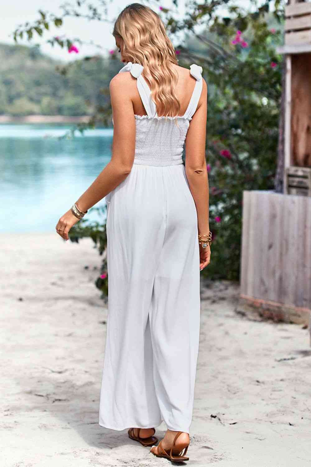 Frill Trim Tie Shoulder Wide Leg Jumpsuit