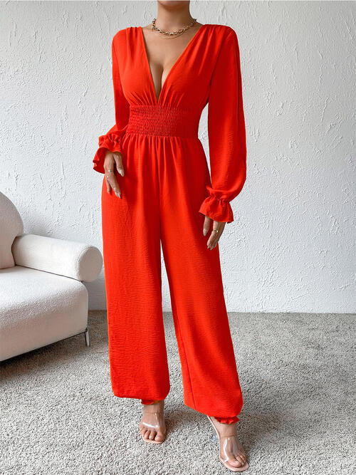 Plunge Smocked Flounce Sleeve Jumpsuit | AdoreStarr