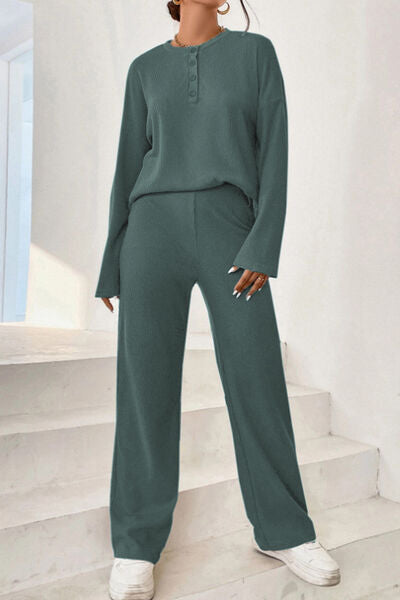 Ribbed Half Button Top and Pants Set | AdoreStarr