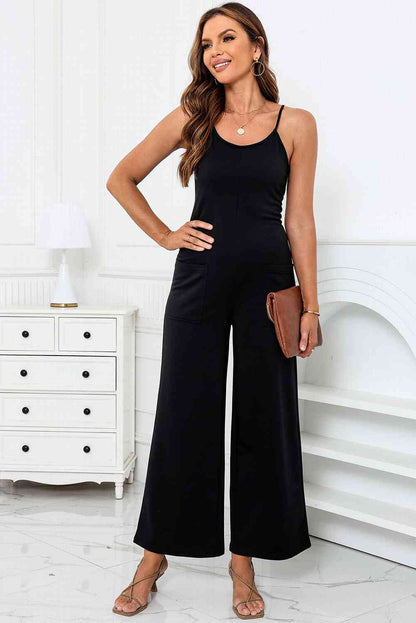 Scoop Neck Wide Leg Jumpsuit with Pockets | AdoreStarr