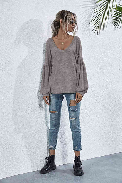 V-Neck Dropped Shoulder Knit Top - Charcoal