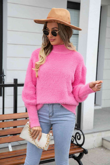 Turtle Neck Long Sleeve Pullover Sweater - Fuchsia Pink