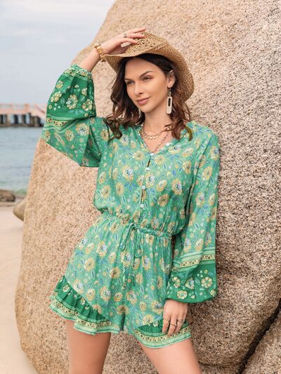 Printed Ruffled Balloon Sleeve Romper - Mid Green