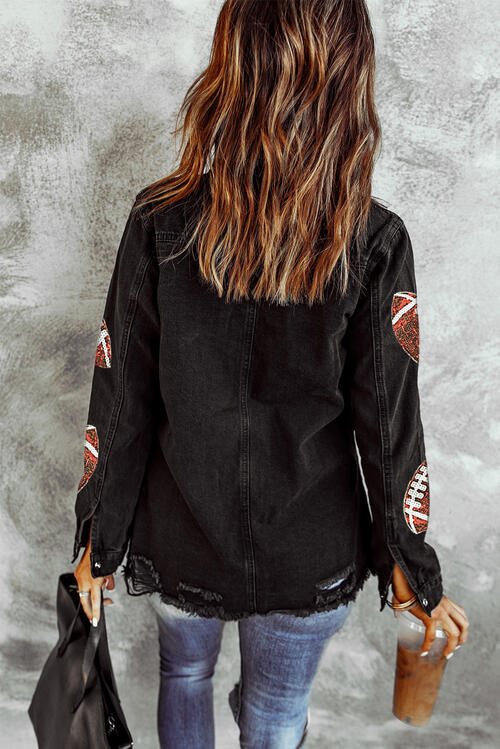 Sequin Football Patch Snap Down Distressed Jacket | AdoreStarr
