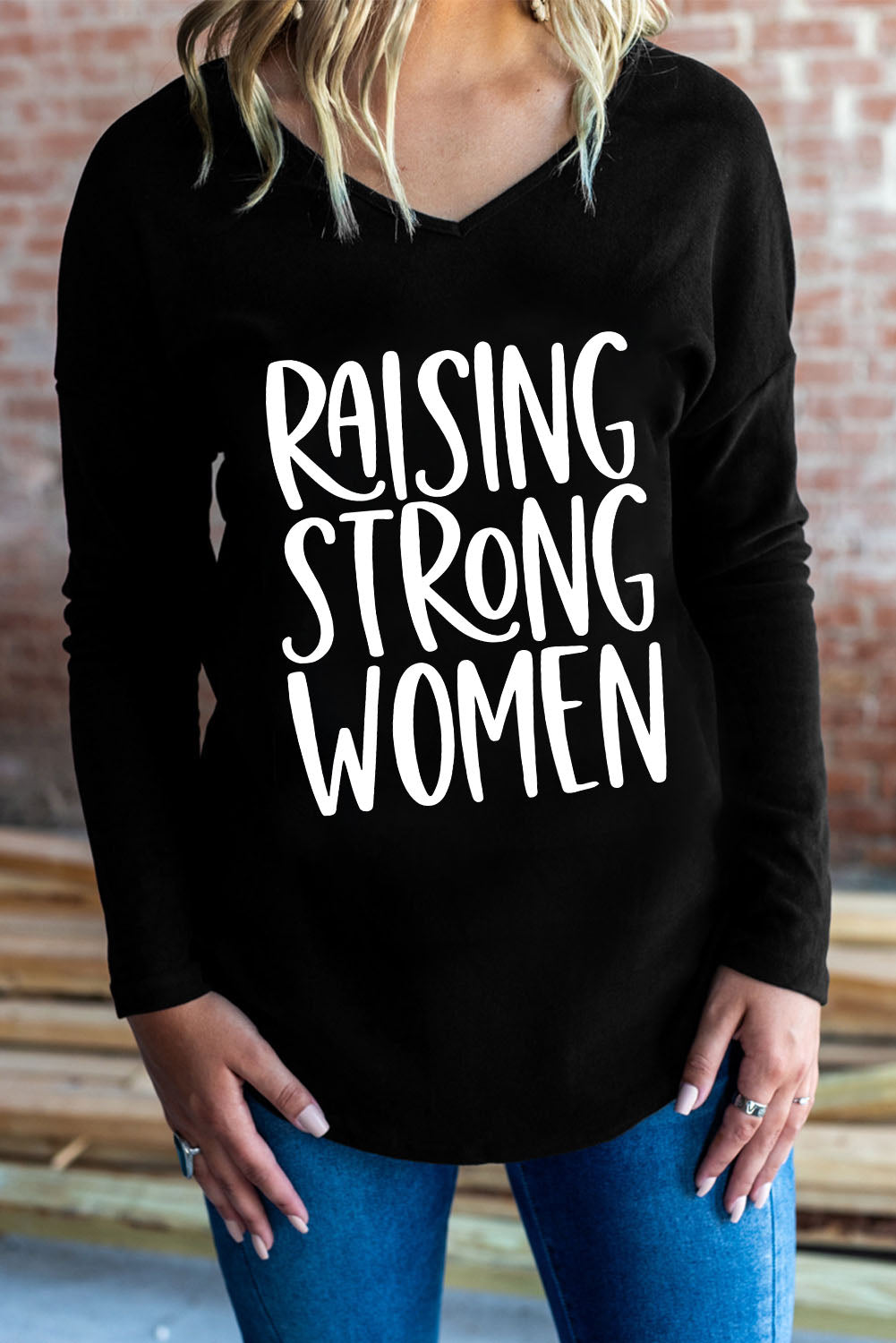 RAISING STRONG WOMEN Graphic V-Neck Top | AdoreStarr