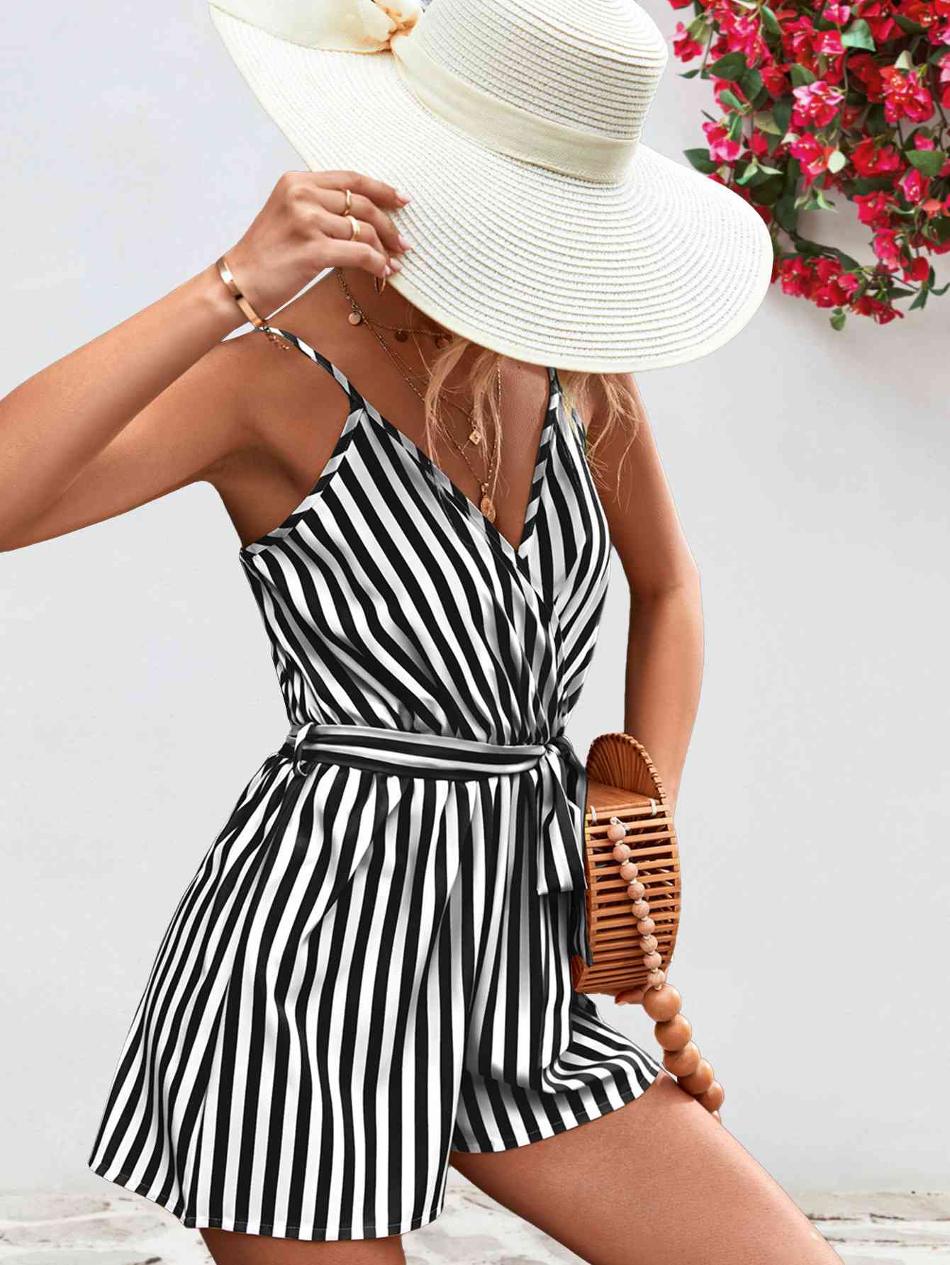 Striped Tie Waist Spaghetti Strap Romper | AdoreStarr