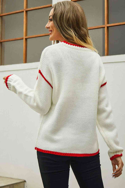 Round Neck Long Sleeve Waffle-Knit Sweater - Cream