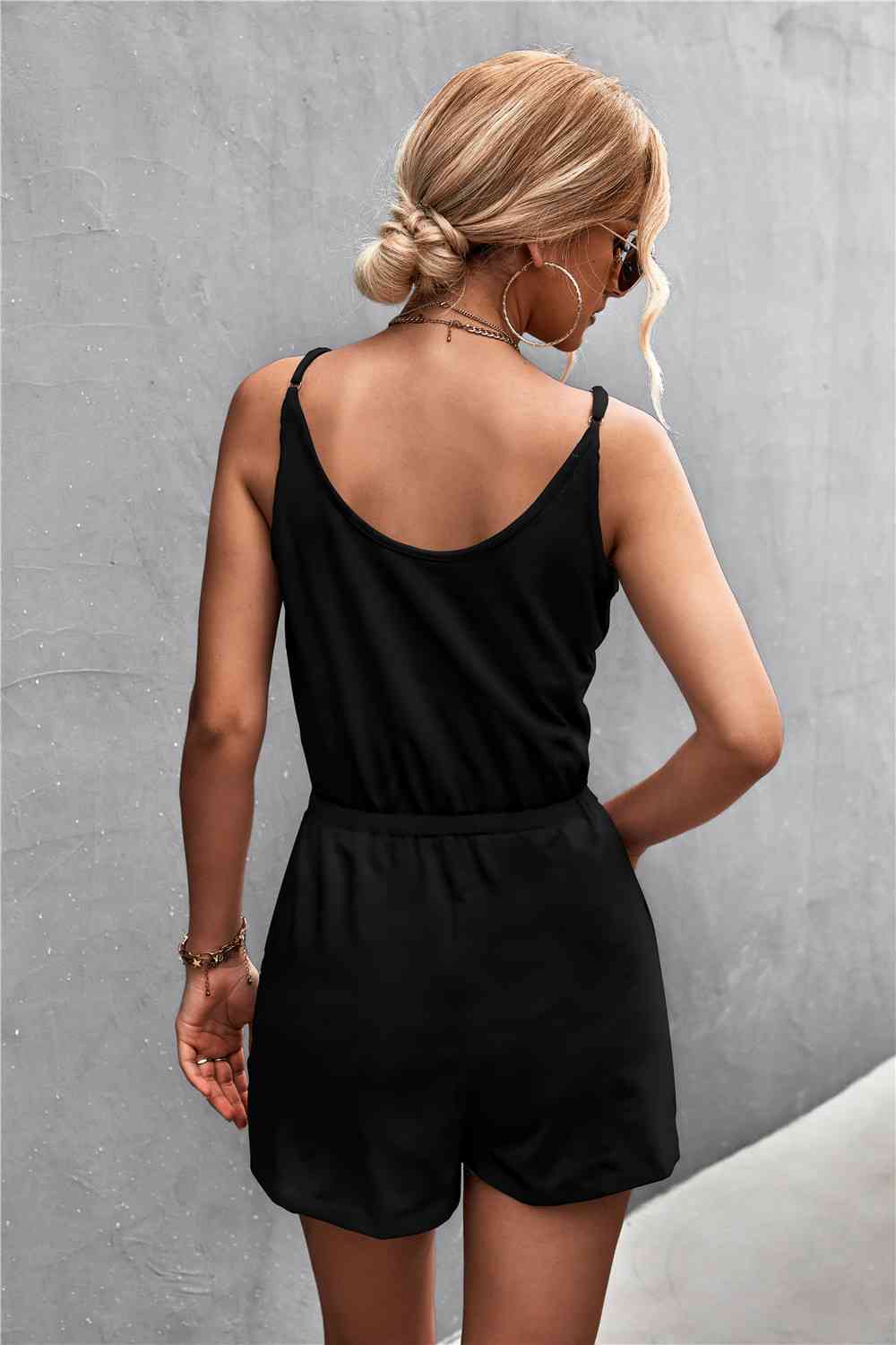 Spaghetti Strap V-Neck Pocket Romper - Black