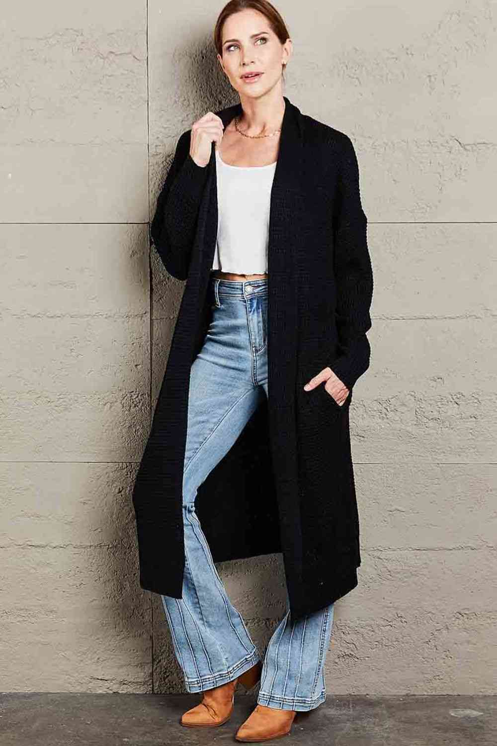 Waffle Knit Open Front Duster Cardigan | AdoreStarr