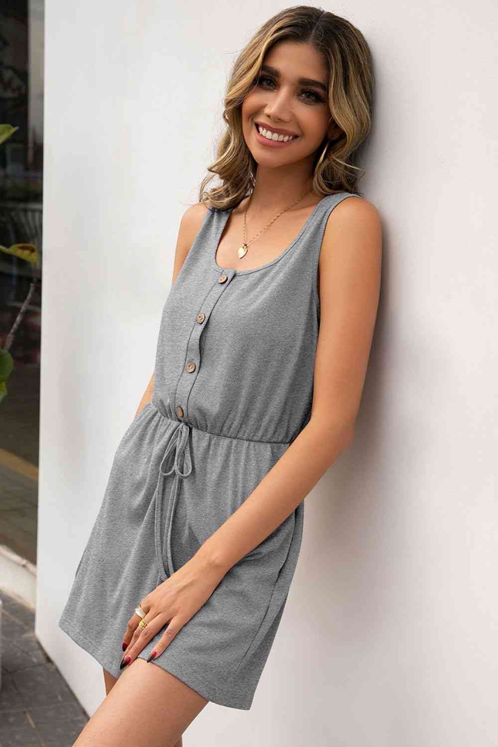 Buttoned Round Neck Sleeveless Romper | AdoreStarr