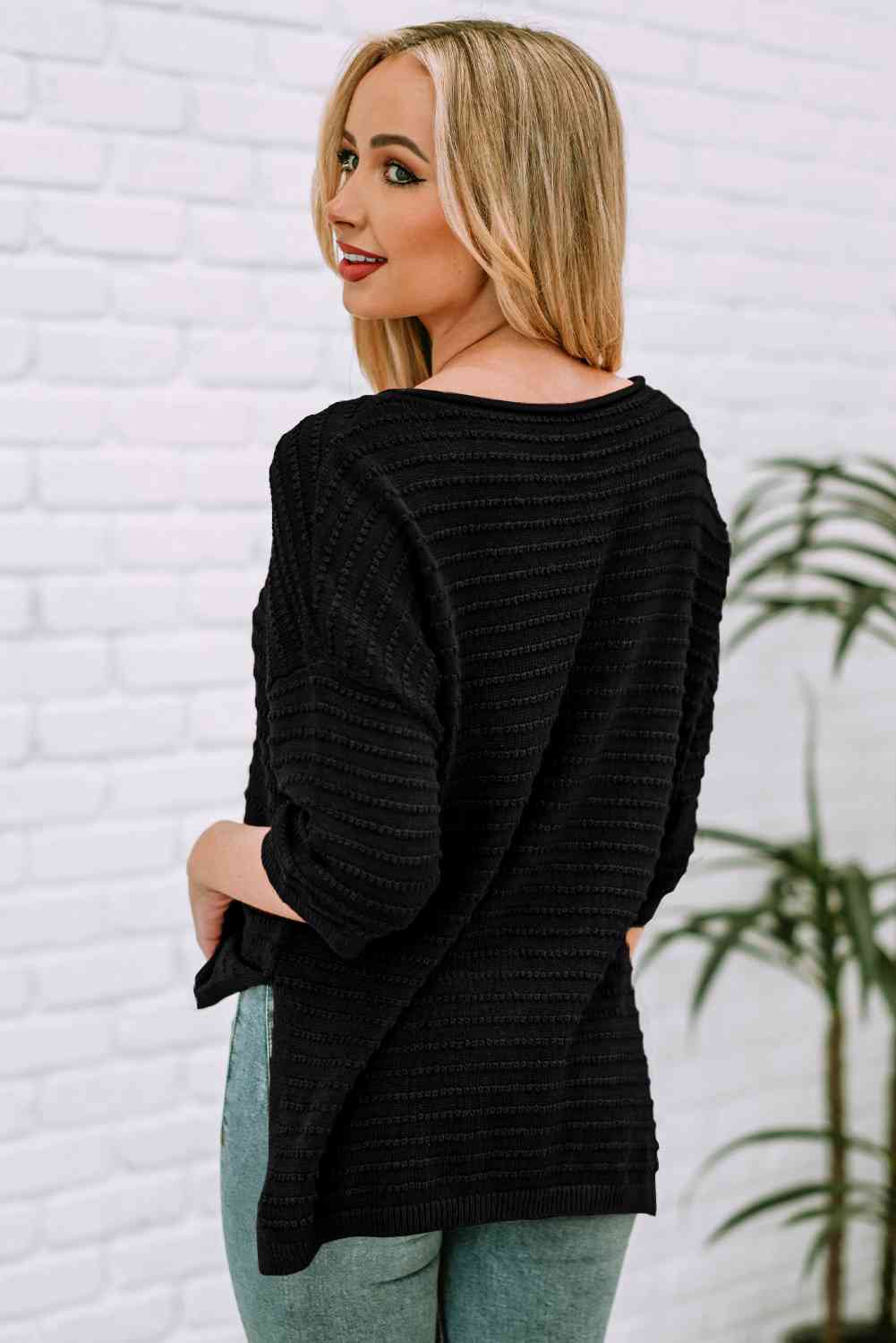 Dropped Shoulder Side Slit Pullover Sweater | AdoreStarr