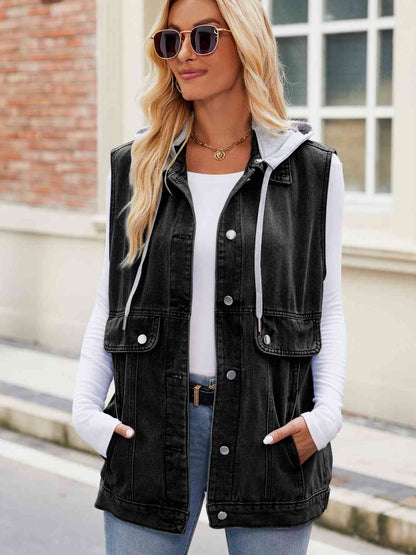 Drawstring Hooded Sleeveless Denim Jacket | AdoreStarr