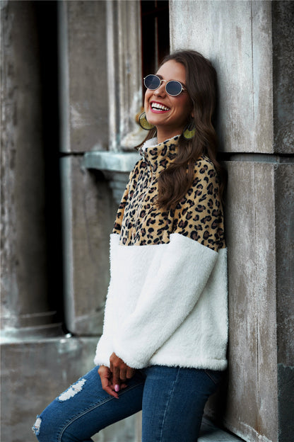 Leopard Color Block Half-Zip Collar Teddy Sweatshirt | AdoreStarr