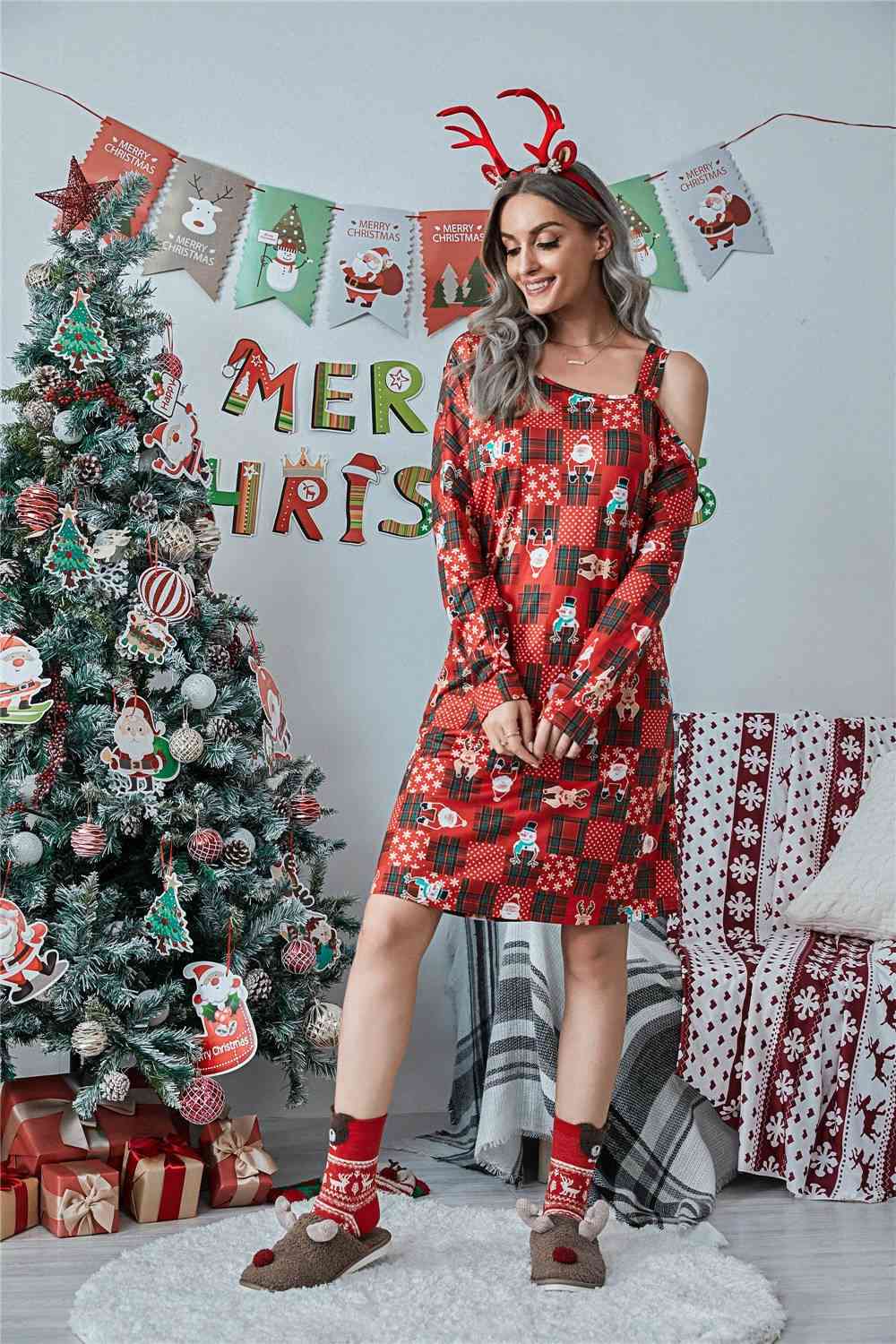 Christmas Asymmetrical Neck Dress | AdoreStarr