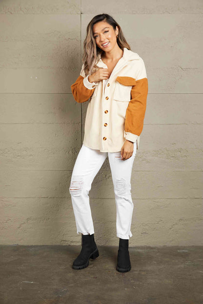 Contrast Button-Up Fleece Jacket | AdoreStarr