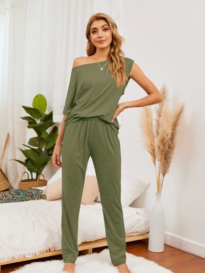 Round Neck Top and Pants Lounge Set | AdoreStarr