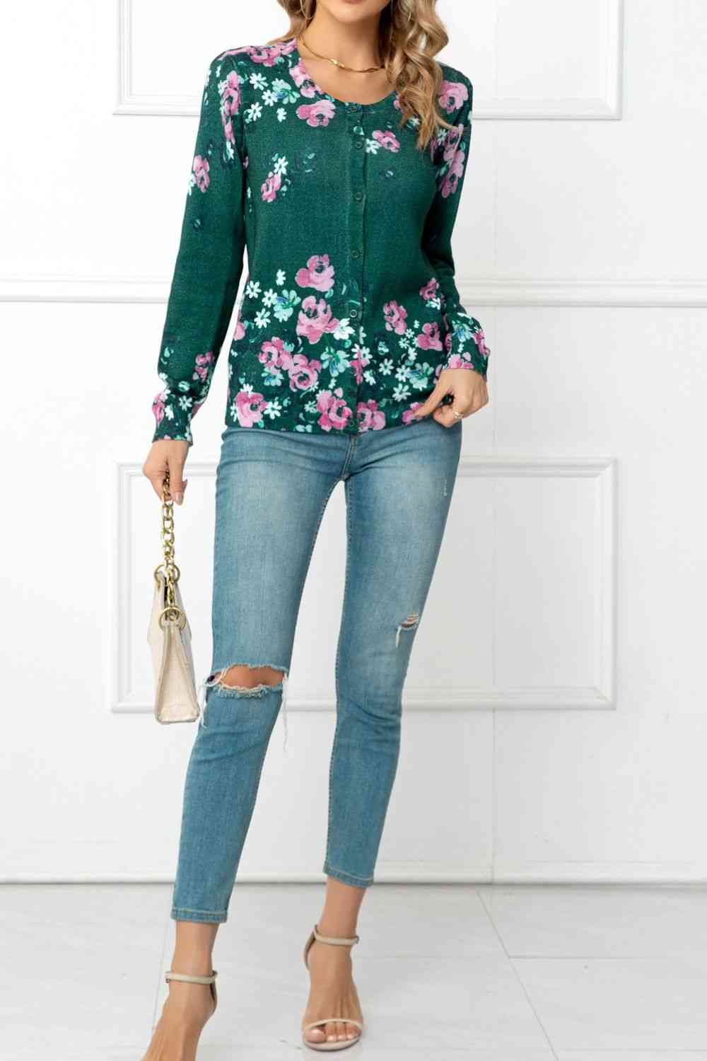 Floral Button Front Round Neck Cardigan | AdoreStarr