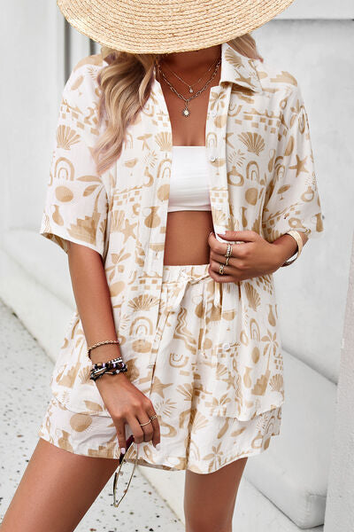 Printed Button Up Shirt and Shorts Set | AdoreStarr