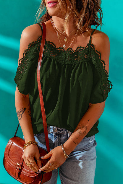 Spaghetti Strap Lace Trim Blouse - Mid Green