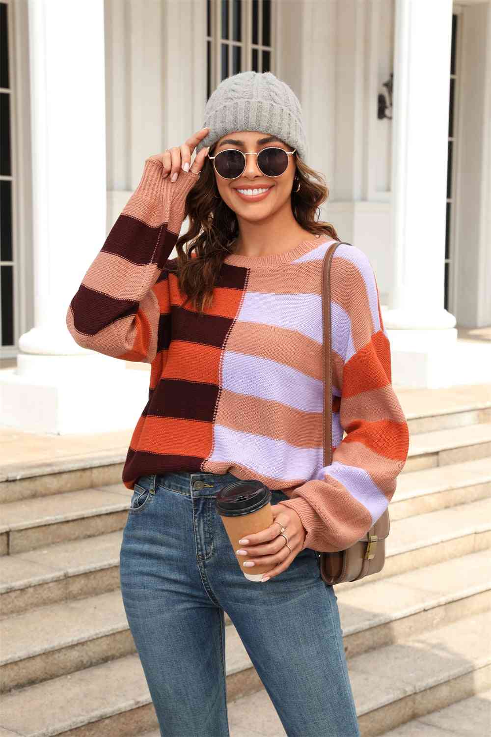Round Neck Color Block Pullover Sweater | AdoreStarr