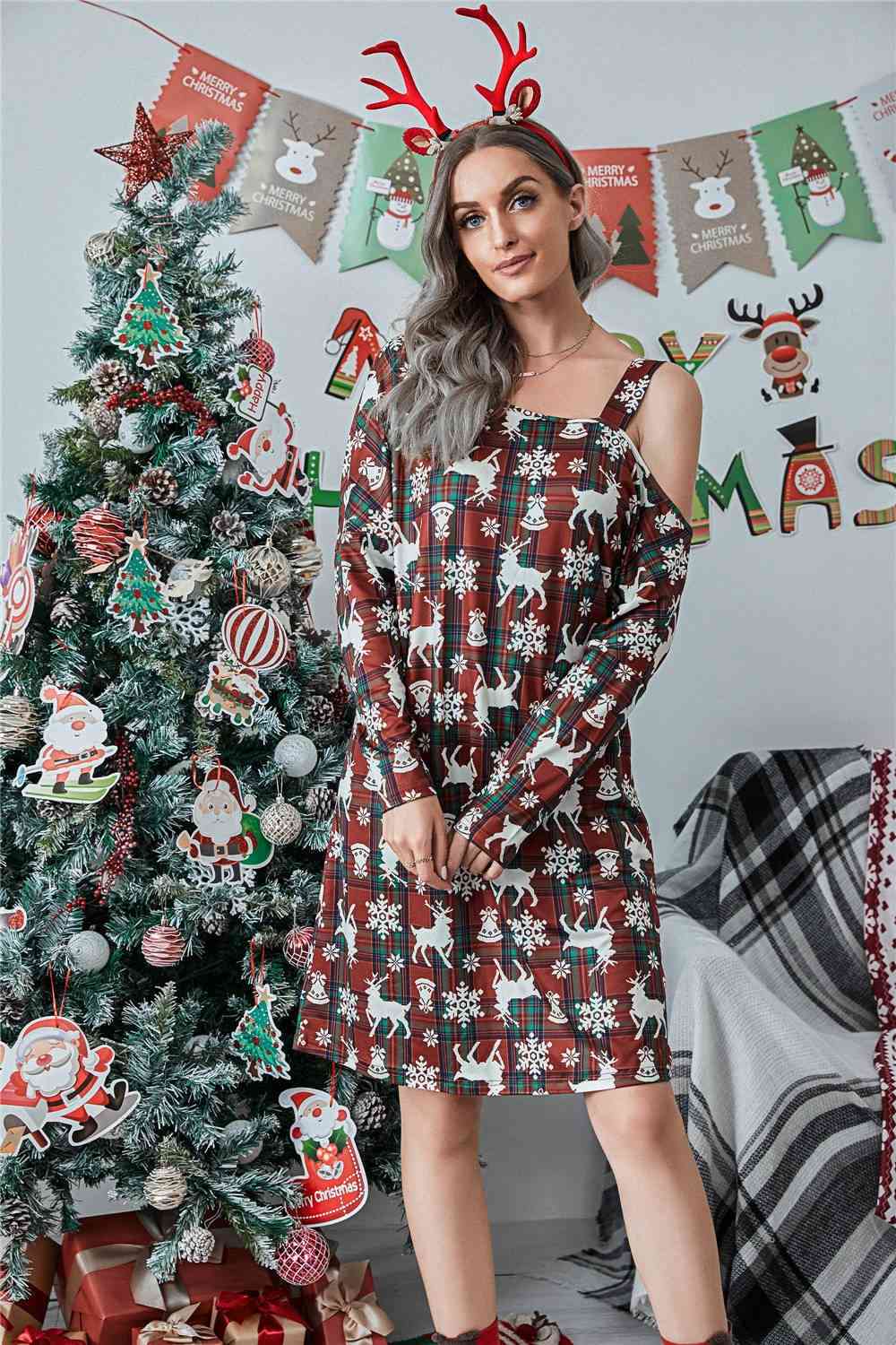 Christmas Asymmetrical Neck Dress | AdoreStarr