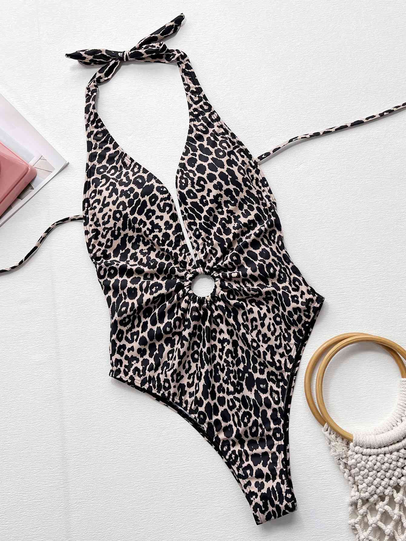 Leopard Ring Detail One-Piece Swimsuit - Brown