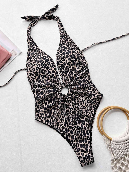 Leopard Halter Neck Ring Detail One-Piece Swimsuit | AdoreStarr