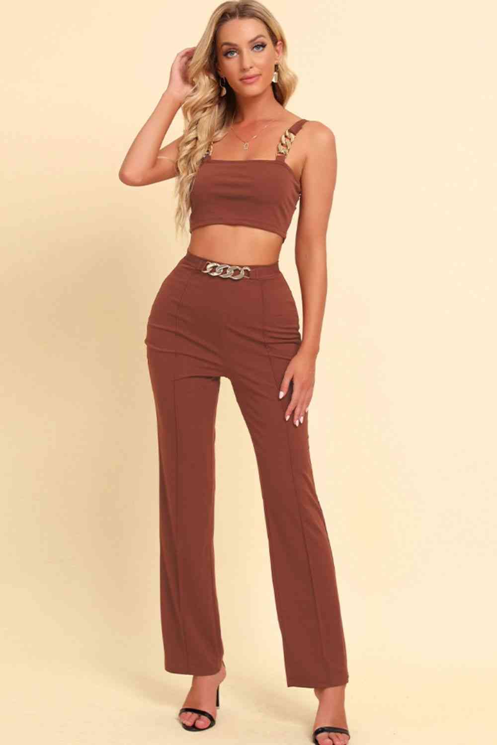 Chain Detail Cropped Cami and Straight Leg Pants Set - Caramel