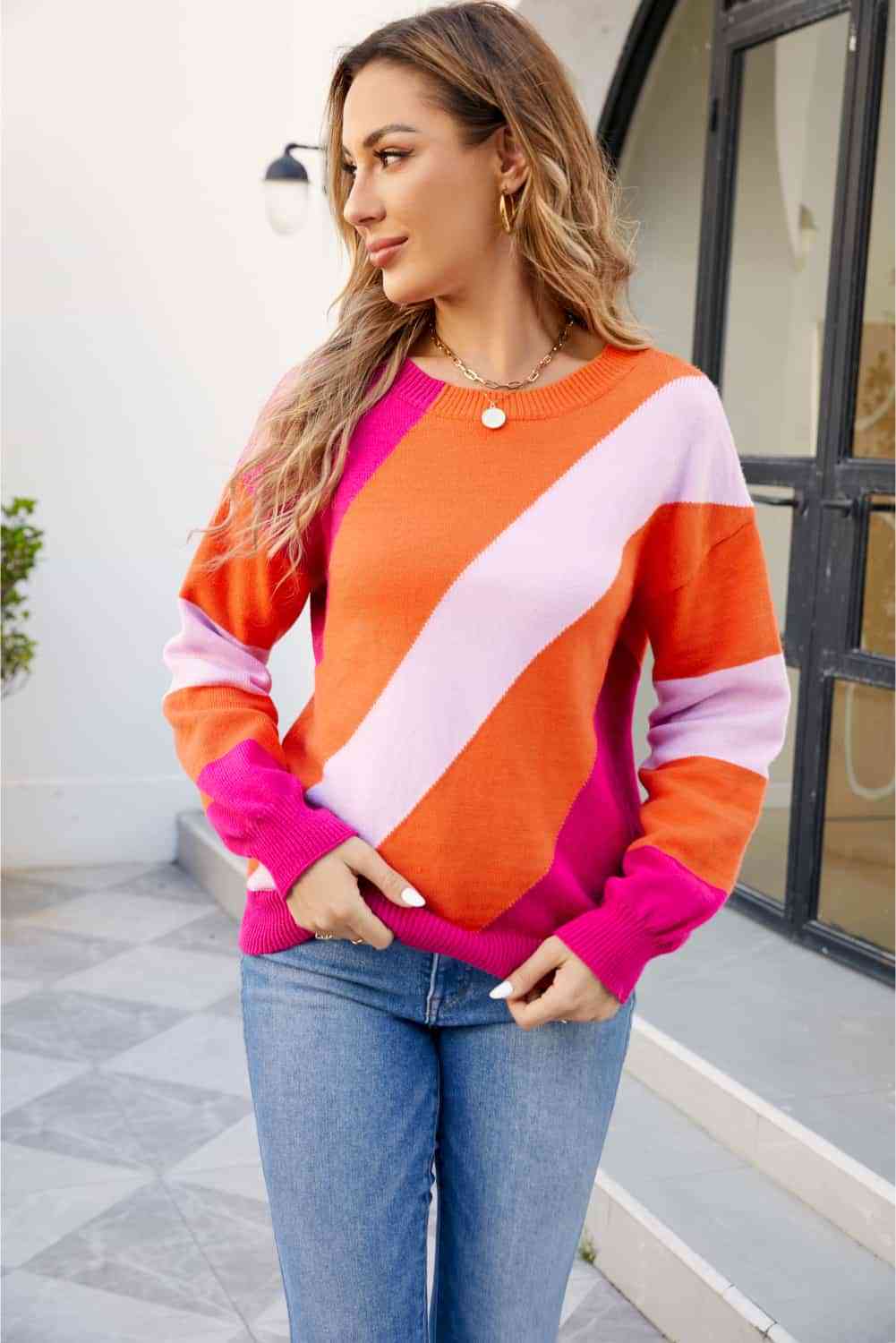 Color Block Ribbed Round Neck Sweater | AdoreStarr
