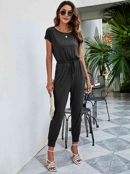 Drawstring Waist Short Sleeve Jogger Jumpsuit | AdoreStarr