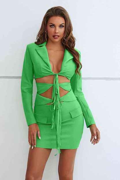 Cutout Tied Blazer and Skirt Set | AdoreStarr