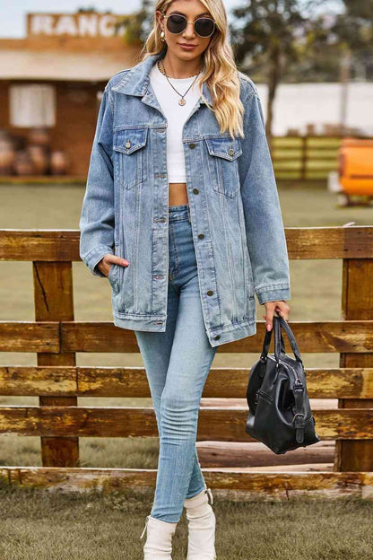 Buttoned Collared Neck Denim Jacket - Light Blue Wash