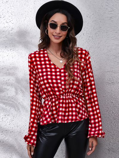 Plaid Balloon Sleeve Peplum Blouse | AdoreStarr